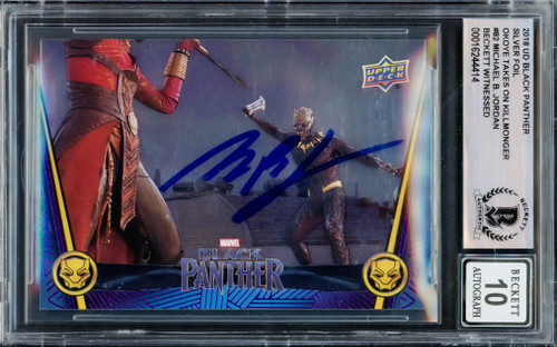 Michael B. Jordan Autographed 2018 Upper Deck Black Panther Silver Foil Card #82 Marvel Auto Grade Gem Mint 10 Okoye Takes on KillMonger Beckett BAS Stock #224177