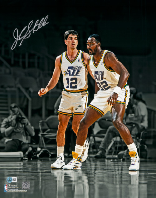 John Stockton Autographed 16x20 Photo Utah Jazz With Karl Malone Spotlight Beckett BAS Witness Stock #224361