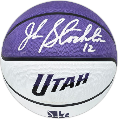 John Stockton Autographed Purple & White City Edition Basketball Utah Jazz Beckett BAS Witness Stock #224371