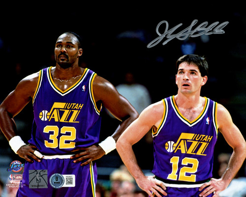 John Stockton Autographed 8x10 Photo Utah Jazz With Karl Malone Beckett BAS Witness Stock #224396