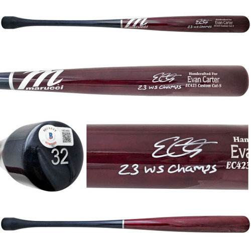 Evan Carter Autographed Maroon & Navy Marucci Player Model Baseball Bat Texas Rangers "23 WS Champs" Beckett BAS Witness Stock #224409