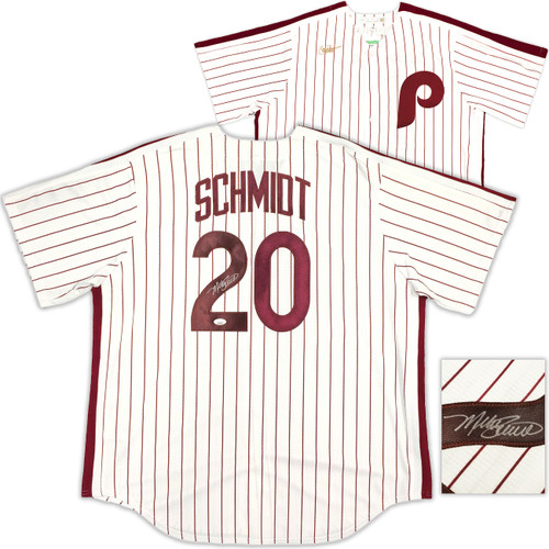 Philadelphia Phillies Mike Schmidt Autographed White Pinstripes Nike Cooperstown Collection Jersey Size XL JSA Stock #224683