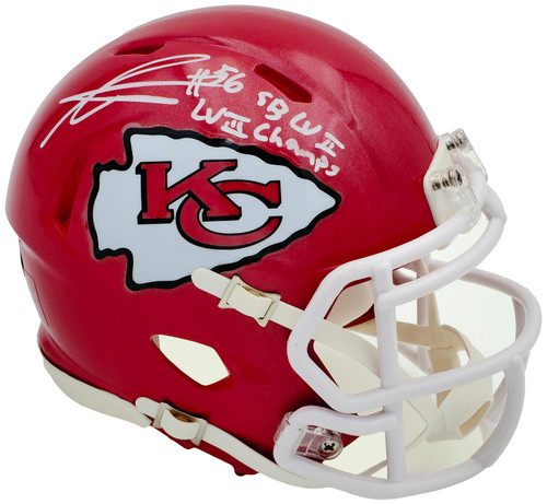 George Karlaftis Autographed Kansas City Chiefs Red Speed Mini Helmet "SB LVII LVIII Champs" Beckett BAS Witness Stock #224842