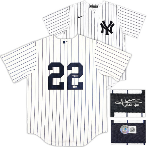 New York Yankees Juan Soto Autographed White Pinstripes Nike Jersey Size L Beckett BAS QR Stock #226401