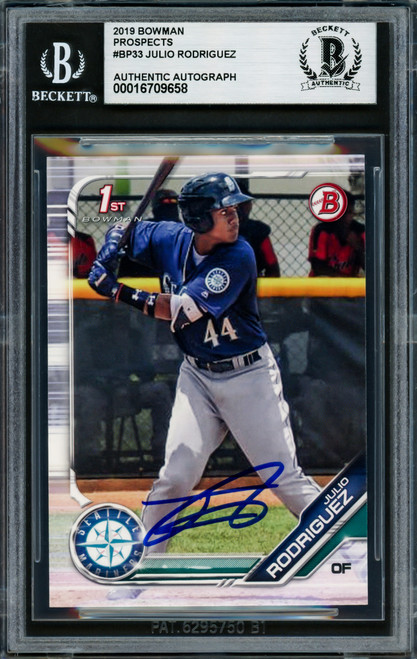 Julio Rodriguez Autographed 2019 1st Bowman Prospects Rookie Card #BP33 Seattle Mariners Beckett BAS Stock #227333