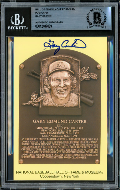 Gary Carter Autographed HOF Plaque Postcard Expos, Mets Beckett BAS Stock #126814