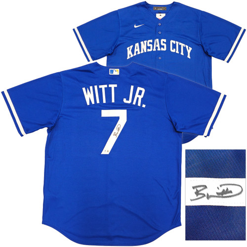 Kansas City Royals Bobby Witt Jr. Autographed Blue Nike Jersey Size L Beckett BAS Witness Stock #228963