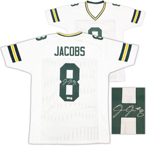 Green Bay Packers Josh Jacobs Autographed White Jersey Beckett BAS Witness Stock #229522