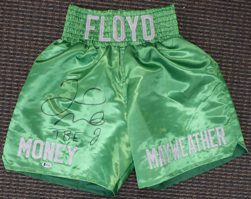 Floyd Mayweather Jr. Autographed Green Boxing Trunks "TBE" Beckett BAS Stock #159664