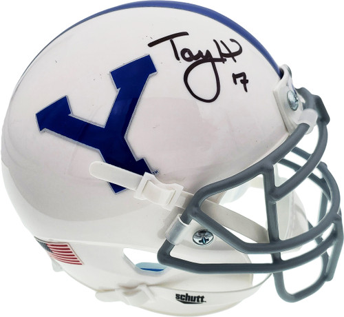 Taysom Hill Autographed BYU Cougars White Schutt Mini Helmet Beckett BAS Stock #177442