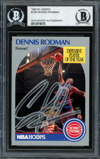 Dennis Rodman Autographed 1990-91 Hoops Card #109 Detroit Pistons Beckett BAS Stock #184828