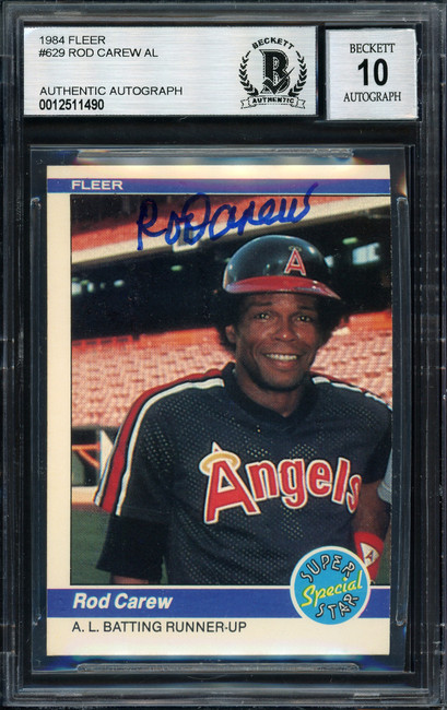 Rod Carew Autographed 1984 Fleer Card #629 California Angels Signed Top Auto Grade 10 Beckett BAS Stock #186074