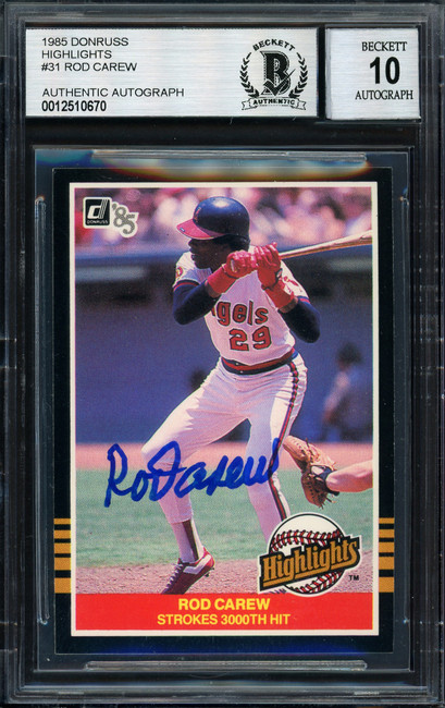 Rod Carew Autographed 1985 Donruss Highlights Card #31 California Angels Auto Grade 10 Beckett BAS Stock #186096