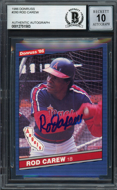 Rod Carew Autographed 1986 Donruss Card #280 California Angels Auto Grade Gem Mint 10 Beckett BAS Stock #192674