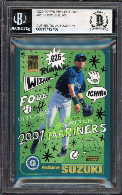 Ichiro Suzuki Autographed Topps Project 2020 Sophia Chang Card #62 Seattle Mariners Auto Grade Gem Mint 10 Lime Green #/10 Beckett BAS Stock #200955