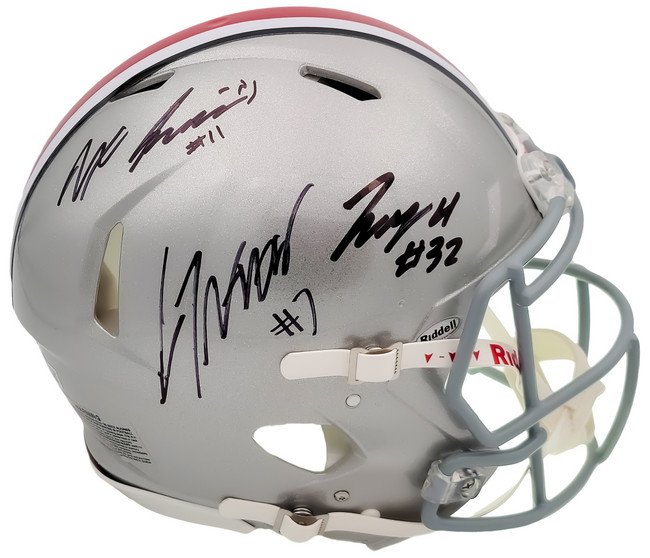 C.J. CJ Stroud, Jaxon Smith-Njigba & TreVeyon Henderson Autographed Ohio State Buckeyes Silver Full Size Authentic Speed Helmet Beckett BAS QR Stock #203469