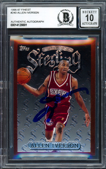 Allen Iverson Autographed 1996-97 Topps Finest Sterling Rookie Card #240 Philadelphia 76ers Auto Grade Gem Mint 10 Beckett BAS Stock #205791