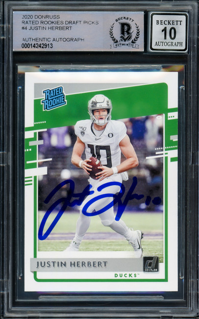 Justin Herbert Autographed 2020 Donruss Rated Rookie Card #4 Oregon Ducks Auto Grade Gem Mint 10 Beckett BAS Stock #206672