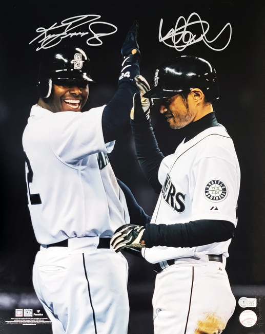 Ken Griffey Jr. & Ichiro Suzuki Autographed 16x20 Photo Seattle Mariners Grand Slam Celebration Beckett BAS Witness Stock #209045