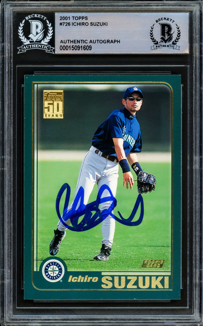 Ichiro Suzuki Autographed 2001 Topps Rookie Card #726 Seattle Mariners Beckett BAS Stock #210835