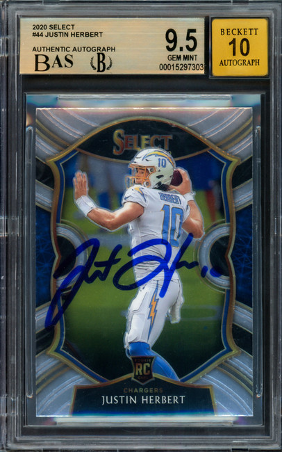 Justin Herbert Autographed 2020 Select Rookie Card #44 Los Angeles Chargers BGS 9.5 Auto Grade Gem Mint 10 Beckett BAS Stock #211831