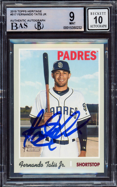 Fernando Tatis Jr. Autographed 2019 Topps Heritage Rookie Card #517 San Diego Padres BGS 9 Auto Grade Gem Mint 10 Beckett BAS Stock #212281