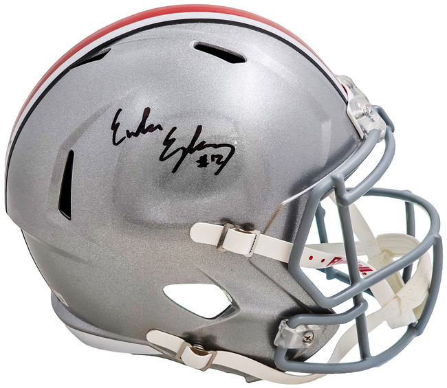 Emeka Egbuka Autographed Ohio State Buckeyes Silver Full Size Replica Speed Helmet Beckett BAS Witness Stock #216621