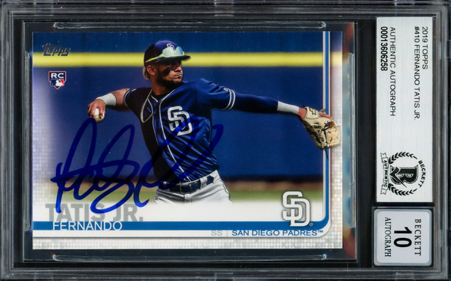 Fernando Tatis Jr. Autographed 2019 Topps Rookie Card #410 San Diego Padres Auto Grade Gem Mint 10 Beckett BAS Stock #220235