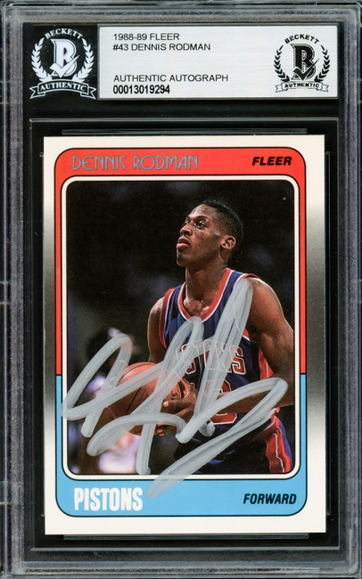 Dennis Rodman Autographed 1988-89 Fleer Rookie Card #43 Detroit Pistons Beckett BAS Stock #220307