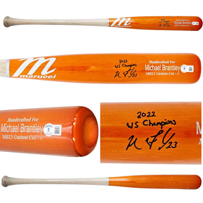 Michael Brantley Autographed Orange Marucci Player Model Bat Houston Astros "2022 WS Champions" Beckett BAS Witness Stock #220445
