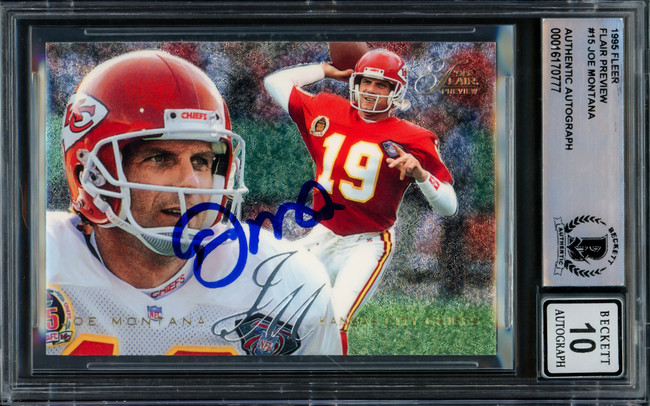 Joe Montana Autographed 1995 Fleer Flair Preview Card #15 Kansas City Chiefs Auto Grade Gem Mint 10 Beckett BAS Stock #220764