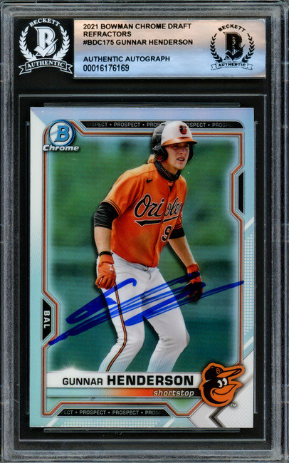 Gunnar Henderson Autographed 2021 Bowman Draft Chrome Refractor Rookie Card #BDC175 Baltimore Orioles Beckett BAS Stock #221190