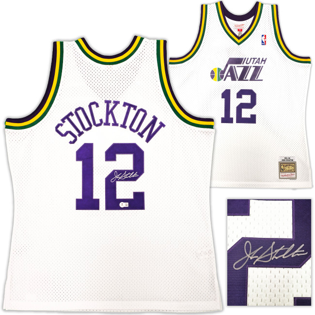 Utah Jazz John Stockton Autographed White Authentic Mitchell & Ness 1991-92 Hardwood Classic Swingman Jersey Size XL Beckett BAS Witness Stock #224338