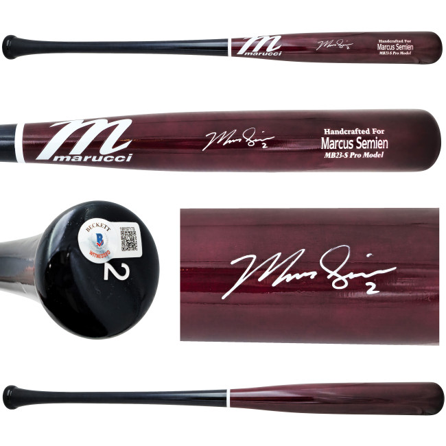 Marcus Semien Autographed Maroon & Navy Marucci Player Model Baseball Bat Texas Rangers Beckett BAS Witness Stock #224403
