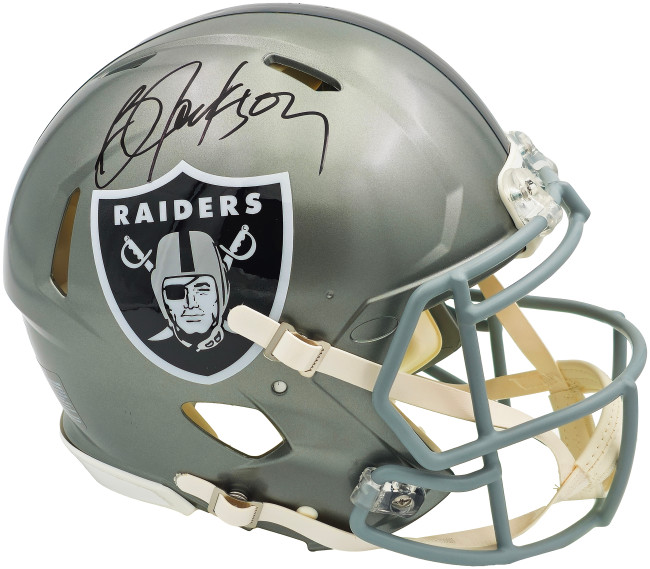 Bo Jackson Autographed Los Angeles Raiders Flash Silver Full Size Authentic Speed Helmet Beckett BAS Witness Stock #226394