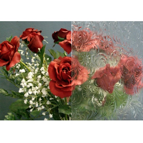 Floreal Pattern Clear Textured Glass (IM-1012) has the vintage feel of Old World antique pressed glass. This distinct pattern of playful flowers and swirls scattered on a pinpoint background combine to create a delicate but bold texture with a high degree of obscurity.