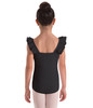 back shot of a black double ruffle bandeau leotard
