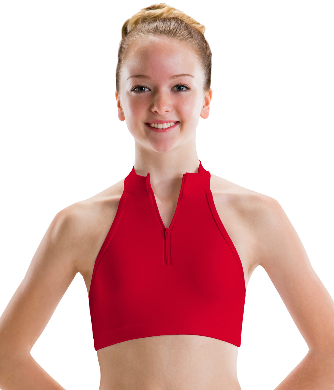 MOTIONWEAR Ladies Pinch Front Overlay Halter Bra Top RED