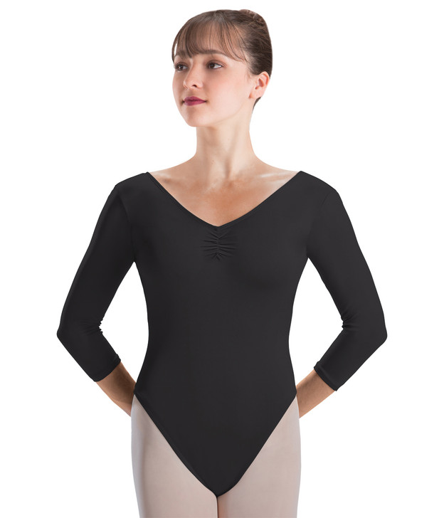 3/4 Sleeve Pinch Front V-Back High Cut Leotard