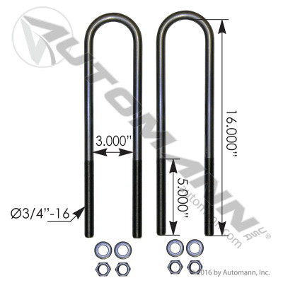 U Bolt Kit RND 3/4in X 3in X 16in