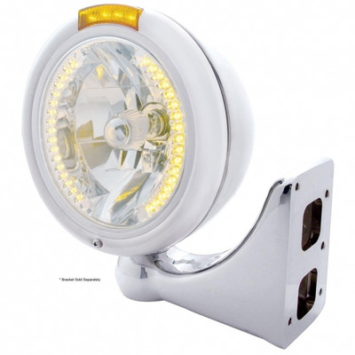 Chrome Classic Headlight H4 With 34 Amber LED & LED Signal - Amber Lens
