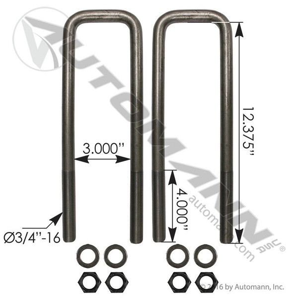 U Bolt Kit Square 3/4in X 3in X 12-3/8in