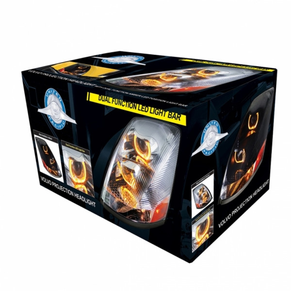 Chrome Projection Headlight With Amber LED Light Bar For 2003-2017 Volvo VN/VNL - Driver