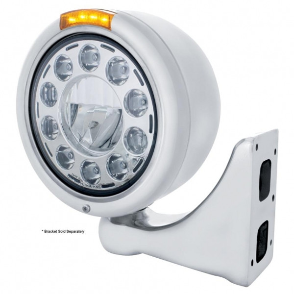 Stainless Classic Half Moon Headlight 11 LED Bulb & Dual Mode LED Signal-Amber Lens