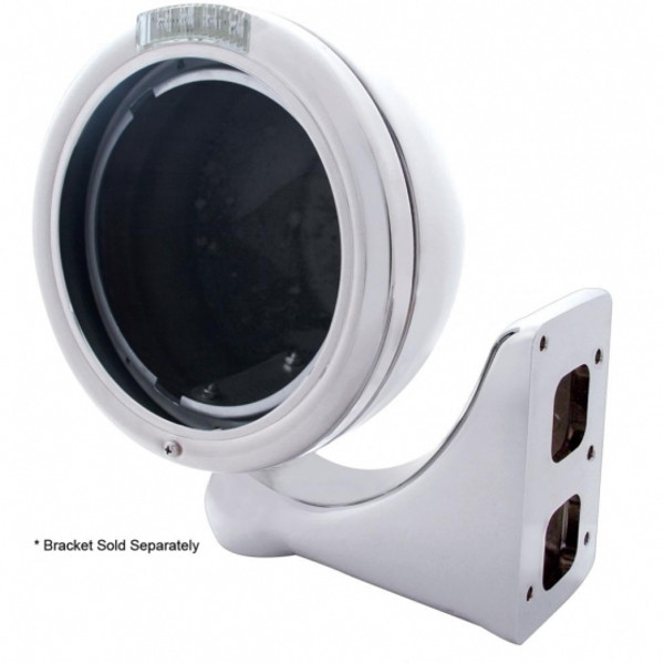 Stainless Steel Classic Headlight No Bulb With LED Turn Signal - Amber LED/Clear Lens