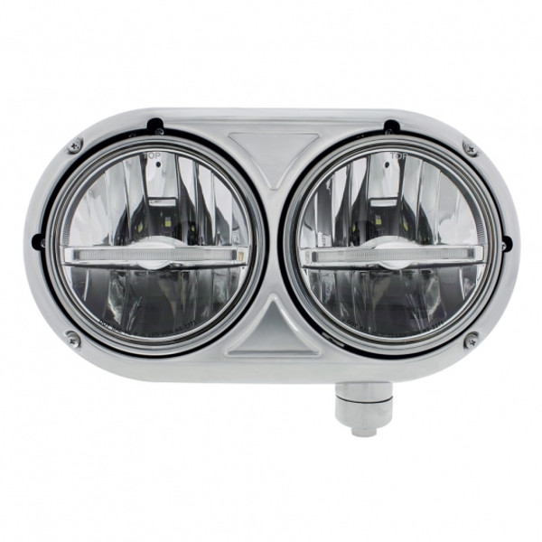Stainless Dual Headlight With 9 LED Bulb & Amber LED Position Light Bar For Peterbilt 359 - Passenger