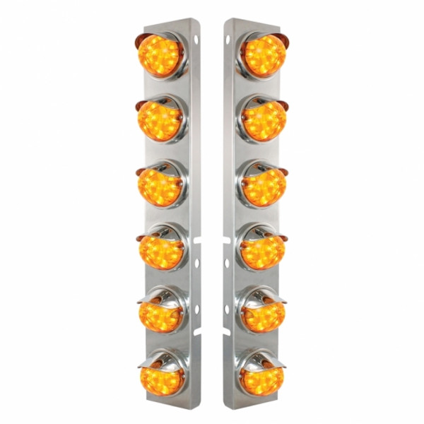 SS Front Air Cleaner Brkt With 12X 17 Amber LED Dual Func. Watermelon Lights & SS Visors For Peterbilt-Amber Lens