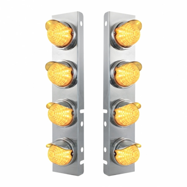 SS Front Air Cleaner Bracket With 8X 17 Amber LED Beehive Lights & SS Visors For Peterbilt -Clear Lens