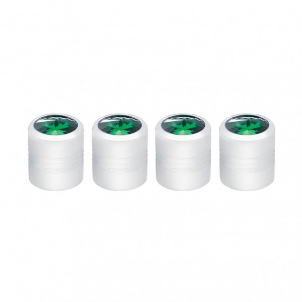Chrome Round Valve Caps With Green Crystal (4 Pack)