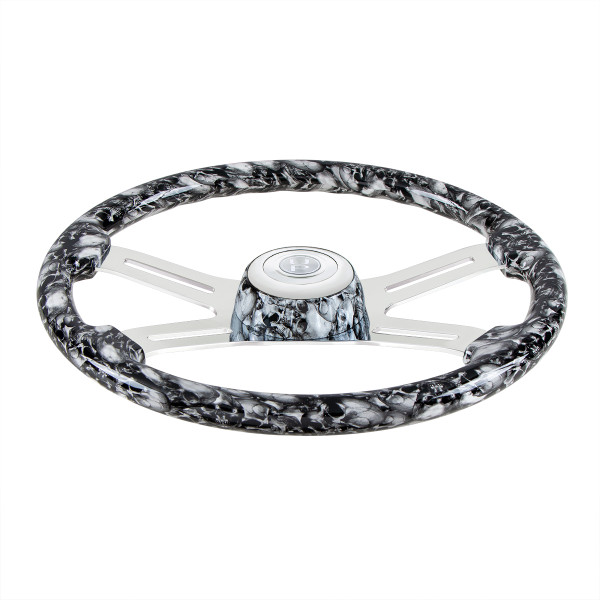 18" 4 Spoke Skull Steering Wheel With Matching Skull Horn Bezel - White